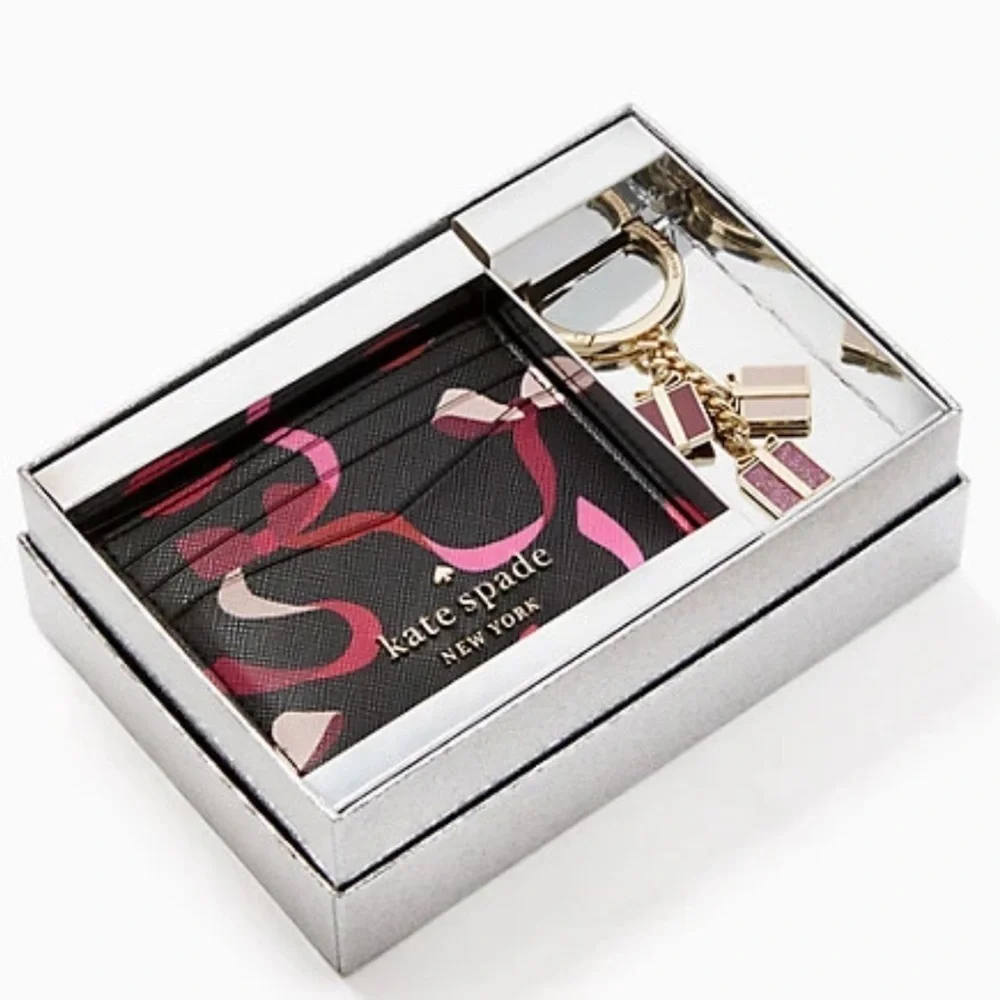 Kate Spade Staci Boxed Card Holder Small Wallet And Key Fob Ribbon Print